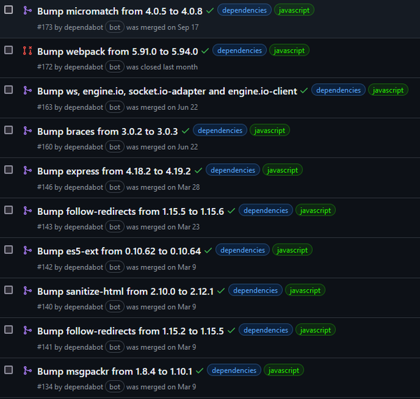 A list of PRs in GitHub referencing dependency updates