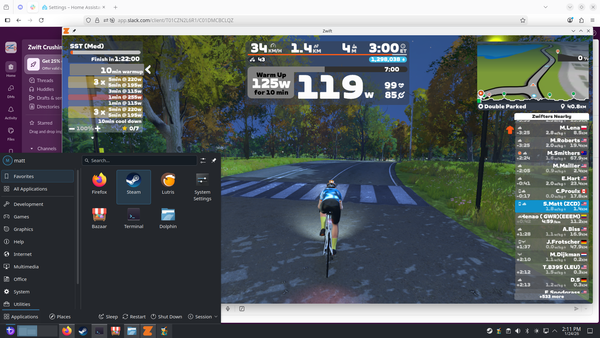 Screenshot of Zwift running on a Bazzite Linux desktop