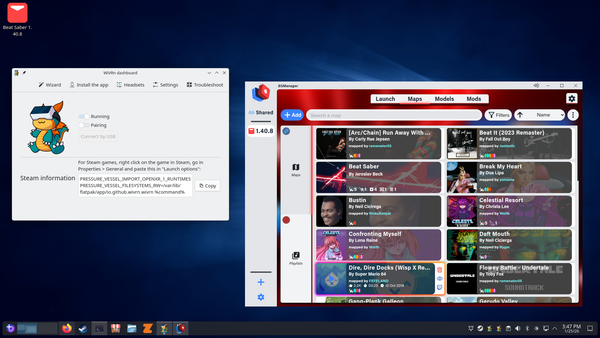 Screenshot of Beat Saber running on a Bazzite Linux desktop